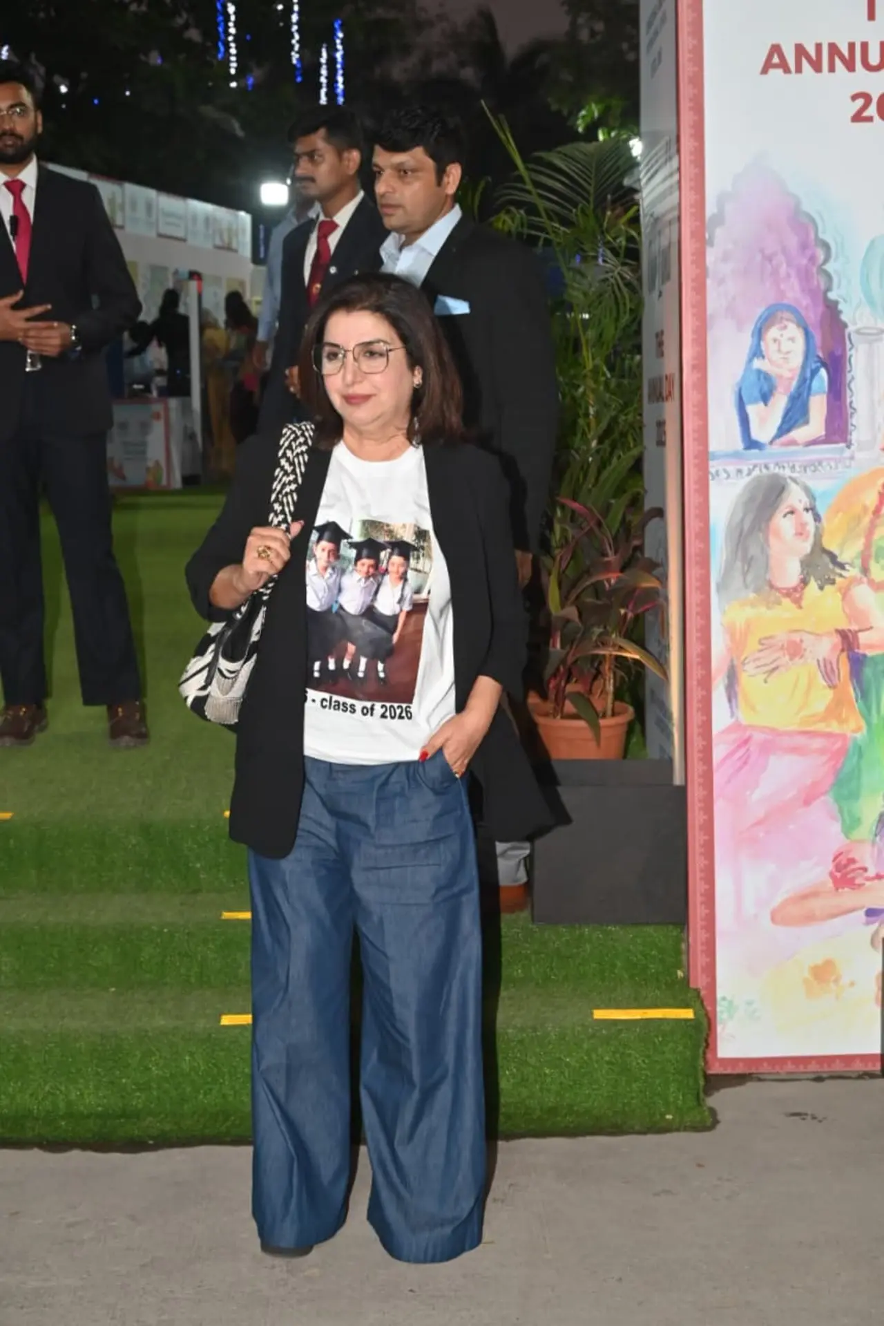 In a sweet gesture, Farah Khan was seen attending the annual day funtion of her kids wearing a t-shirt with a photo of her triplets printed on it with the text 'Class of 2026'.